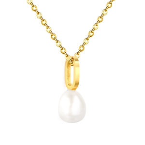Minimalist 18K gold plated necklace with oval geometric pendant and white drop pearl