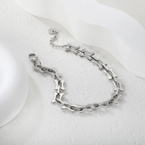 Macro detail of bone-shaped stainless steel links with lobster clasp and extension chain