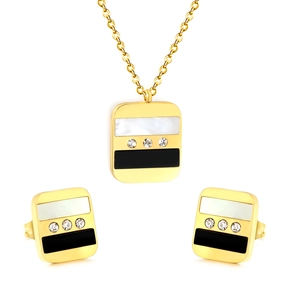 Parure de bijoux dorés géométriques avec pendentif carré en nacre et boucles d'oreilles clous