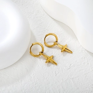 Polished 18K gold stainless steel hoop earrings with elegant four-pointed star pendants