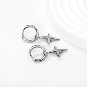 Elegant polished stainless steel hoop earrings with four-pointed star pendants for women