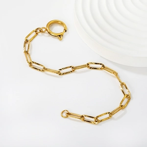 Detailed view of gold textured chain links with elegant spring clasp on white background