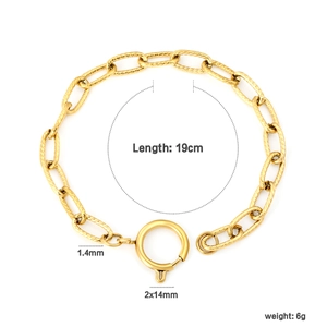 Macro shot of gold textured link chain bracelet with spring clasp and detailed dimensions