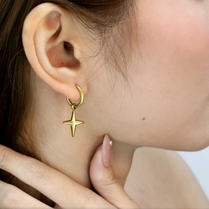 Polished 18K gold plated cross star dangle hoop earrings for a minimalist fashion look
