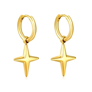Polished gold stainless steel hoop earrings with 3D four-pointed star pendants for women