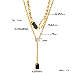Double-layered 18K gold plated stainless steel necklace with geometric rectangle pendants
