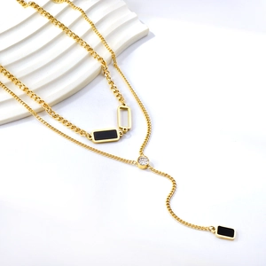 Double-layered 18K gold plated stainless steel necklace with black rectangle pendants