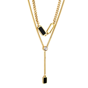 Double-layered 18K gold-plated stainless steel necklace with geometric black rectangle pendant