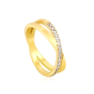 18K gold plated stainless steel crossover ring with sparkling pavé crystals