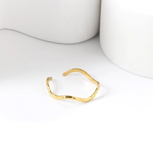 Irregular Wavy Ring Gold Plated Stainless Steel Adjustable Open Band Minimalist Hammered Texture Jewelry For Women