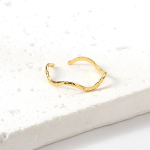 Minimalist irregular wave gold open ring with hammered texture in stainless steel
