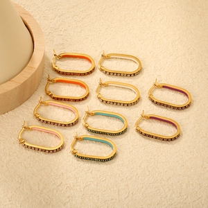 Stainless Steel Oval Hoop Earrings With Colorful Enamel And Zircon Inlay Geometric Minimalist Fashion Jewelry For Women