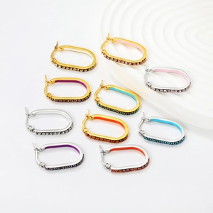 Oval stainless steel earrings with colorful enamel and zircon stones in gold and silver