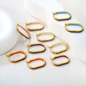 Oval stainless steel hoop earrings with colorful enamel and matching zircon accents