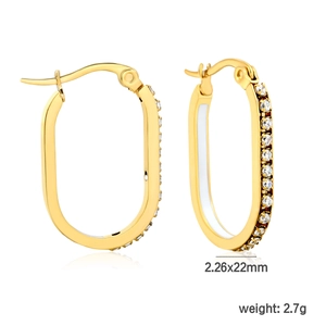 Minimalist gold oval hoop earrings with sparkling cubic zirconia pavé and white enamel