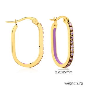 Detail of 2.26x22mm gold stainless steel oval hoop earring with purple stones and enamel