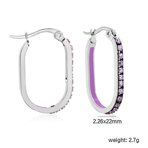 Detailed view of oval hoop earrings with purple stones and enamel showing 2.26x22mm size