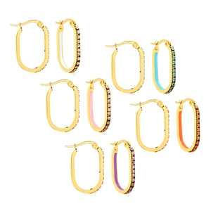 Oval crystal-studded stainless steel hoop earrings set in colorful enamel finishes