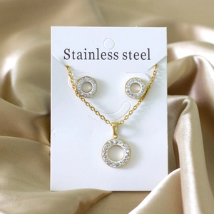 Fashion Stainless Steel Jewelry Set For Women Hollow Circle Cubic Zirconia Pendant Necklace Stud Earrings Geometric Accessory