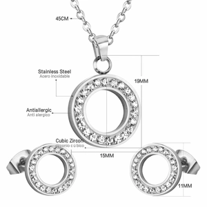 Stainless steel jewelry set featuring hollow circle necklace and cubic zirconia earrings