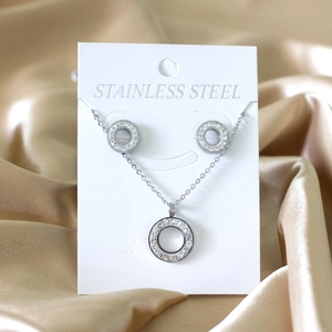 Polished stainless steel jewelry set with hollow circle crystal necklace and stud earrings
