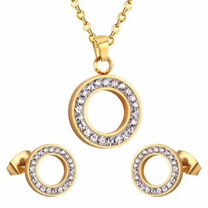 Gold hollow circle jewelry set with sparkling zircon necklace and stud earrings