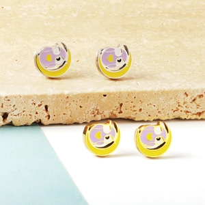 Detail of cat and crescent moon stud earrings with colorful enamel on stone display