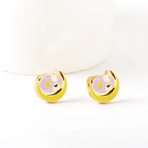 Detail of moon and cat stud earrings with yellow enamel moon and purple heart charms