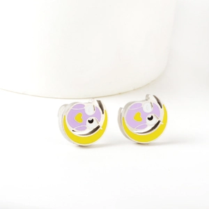 Detail shot of creative moon and owl enamel screw back earrings in stainless steel finish