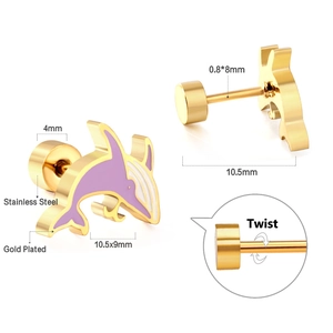 Detail view of 18K gold plated dolphin screw back earrings with purple enamel