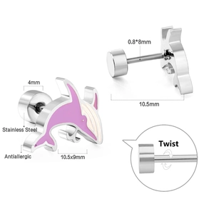 Detail view of pink dolphin stud earrings with stainless steel dimensions and twist closure