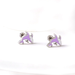 Detailed view of dolphin stud earrings featuring purple enamel and stainless steel