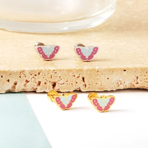 Pink and blue enamel butterfly stud earrings set in gold and silver stainless steel