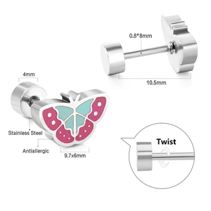 Detailed size chart for stainless steel butterfly stud earrings with pink enamel finish