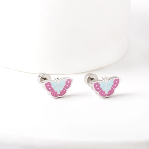 Pink and blue enamel butterfly stud earrings made of stainless steel on white background