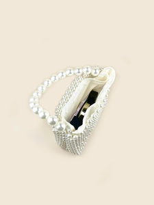 Classic handmade pearl box handbag with white satin lining and elegant beaded top handle
