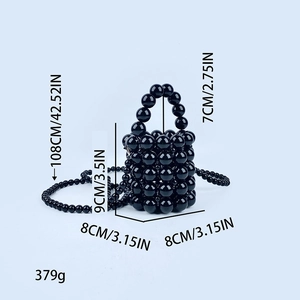 Detailed size specifications for the black beaded mini bucket bag with chain strap