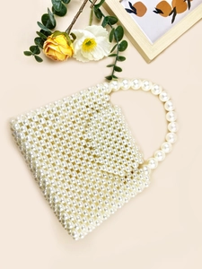 Handmade pearl beaded square handbag with elegant top handle for women in white