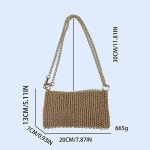 Detailed dimensions of gold metal woven chain bag, size 20x13x7cm with strap specs
