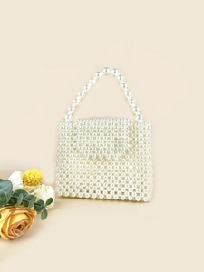 Handmade pearl beaded square tote bag with elegant handle for vintage bridal style