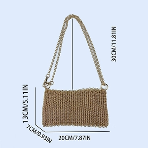 Detail view of woven gold metal sequin bag with precise measurements in centimeters and inches