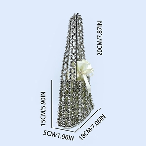 Silver beaded handbag detail showing 18x5x15cm dimensions and satin drawstring pouch