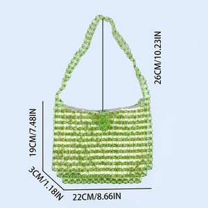 Detailed dimensions of handmade green acrylic beaded shoulder bag with size labels