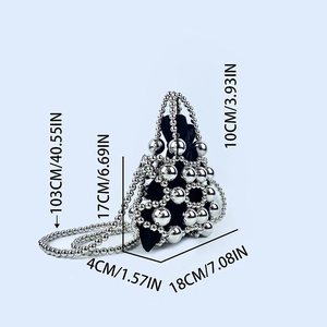 Silver beaded bucket bag with dimensions showing strap length and body size details