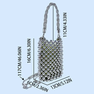 Detailed size specifications for silver beaded handbag showing dimensions and strap length