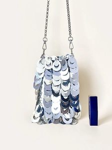 Silver sequin mini crossbody bag with metal chain and shimmering metallic finish