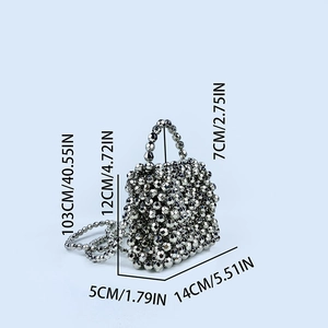 Detailed dimensions of silver beaded handbag with chain strap on white background