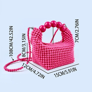 Detailed size measurement view of pink pearl beaded handbag with strap and handle