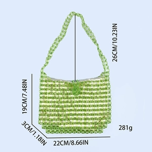 Detailed dimensions of the handmade green acrylic beaded shoulder bag shown in 22x19x3cm