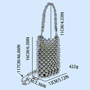 Detailed view of silver sequin beaded bucket bag with dimensions and chain strap info